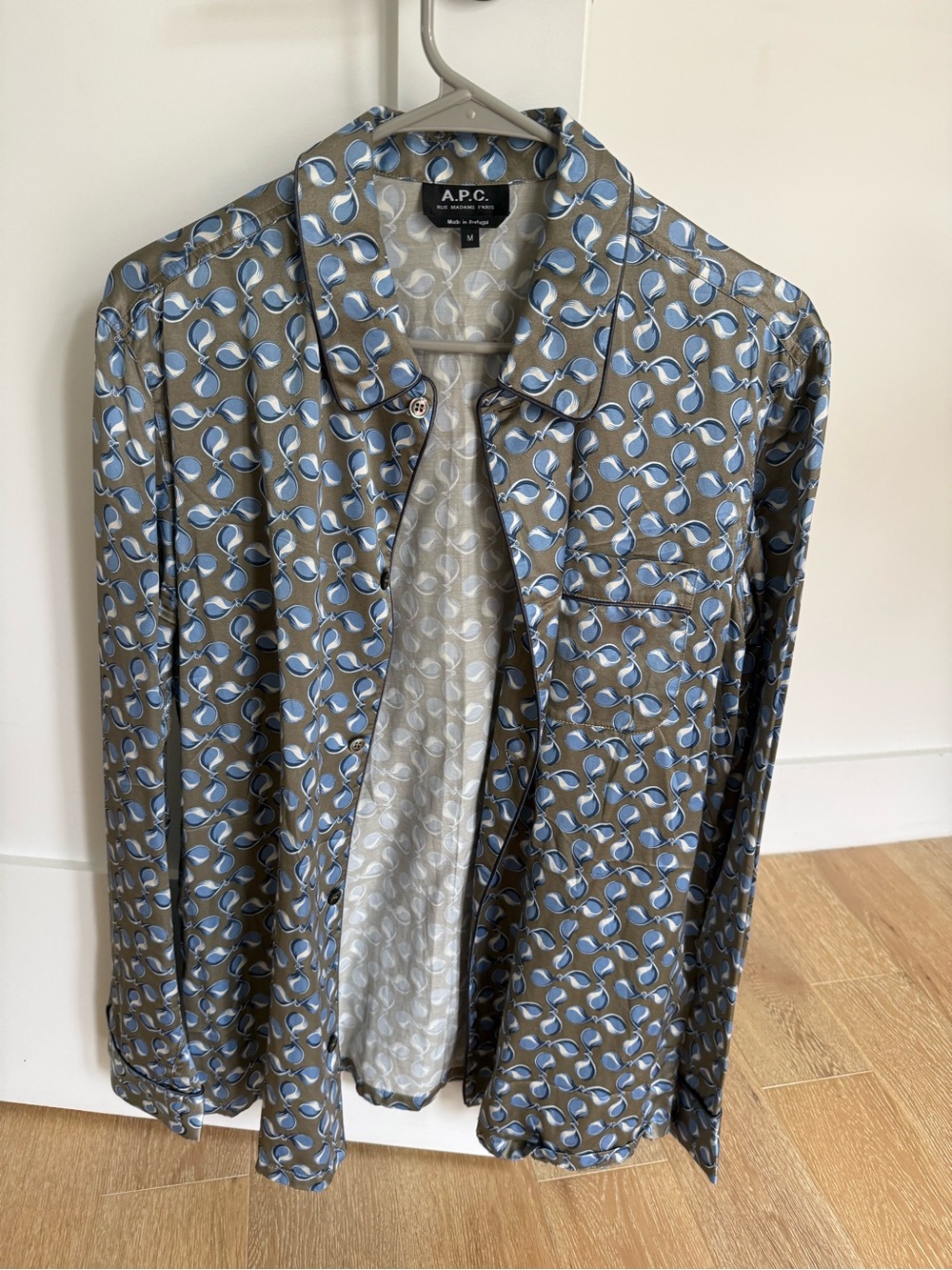 A.P.C. Olive Button-Up Shirt with Blue Abstract Print